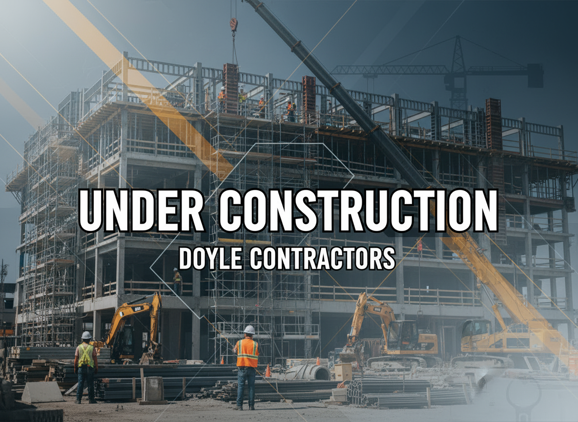 A realistic, professional photo-style image showing an active commercial construction site with workers in safety vests and hard hats, steel beams, scaffolding, and construction equipment, with subtle space to overlay the text 'Doyle Contractors' and 'Under Construction' while keeping the overall tone clean and modern.